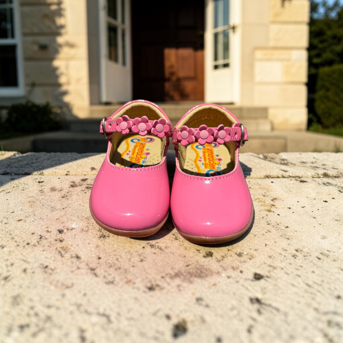 Valentina, zapatitos rosa de charol con flores Christhinne