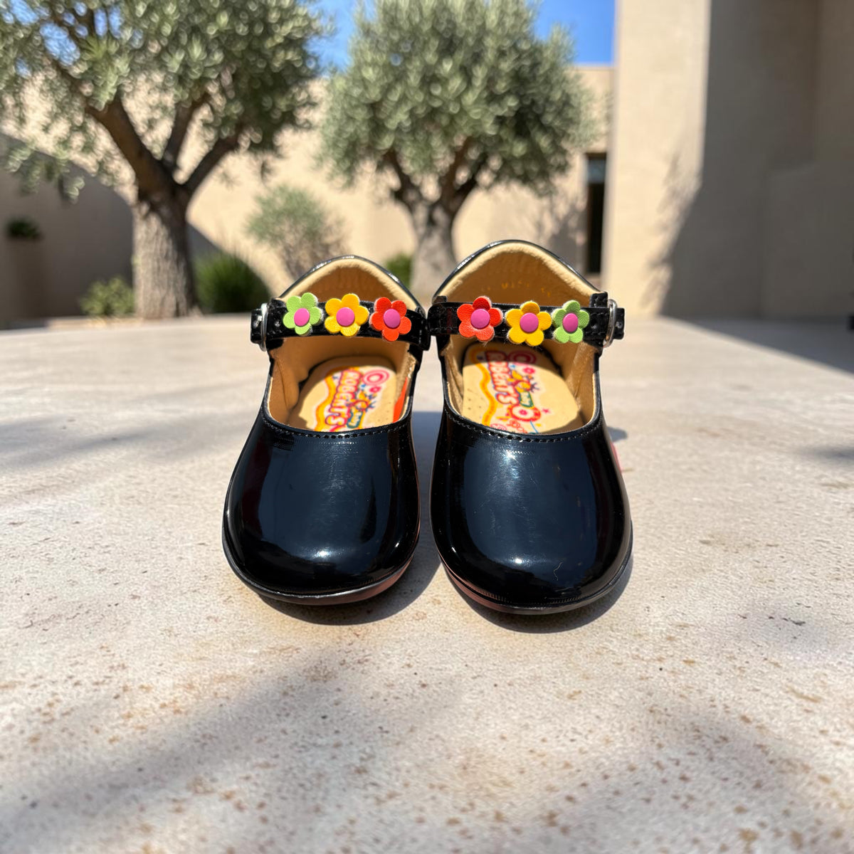 Mariana, zapatitos de charol negro con flores de colores Christhinne